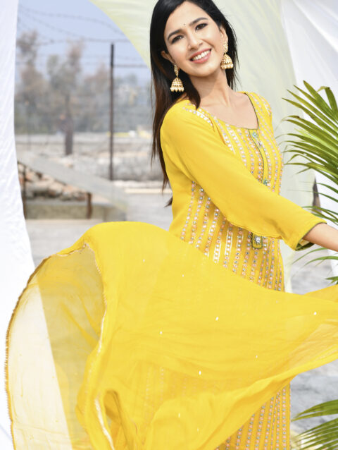 Yellow Designer Embroidered Suit